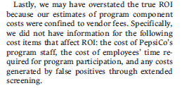mattke ROI omitting consultant fees etc Pepsico